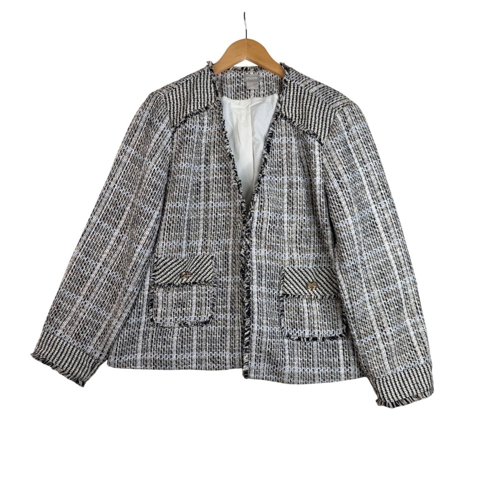 Chico's Tweed Fringe Detail Open Blazer size 3 US XL Black/White